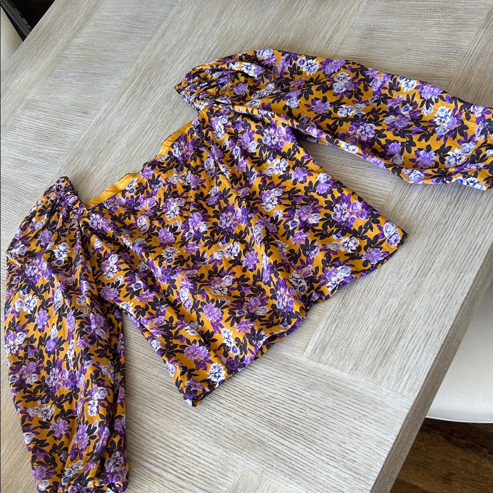 Square-Neck Puff-Sleeve Floral Blouse — Yellow Purple